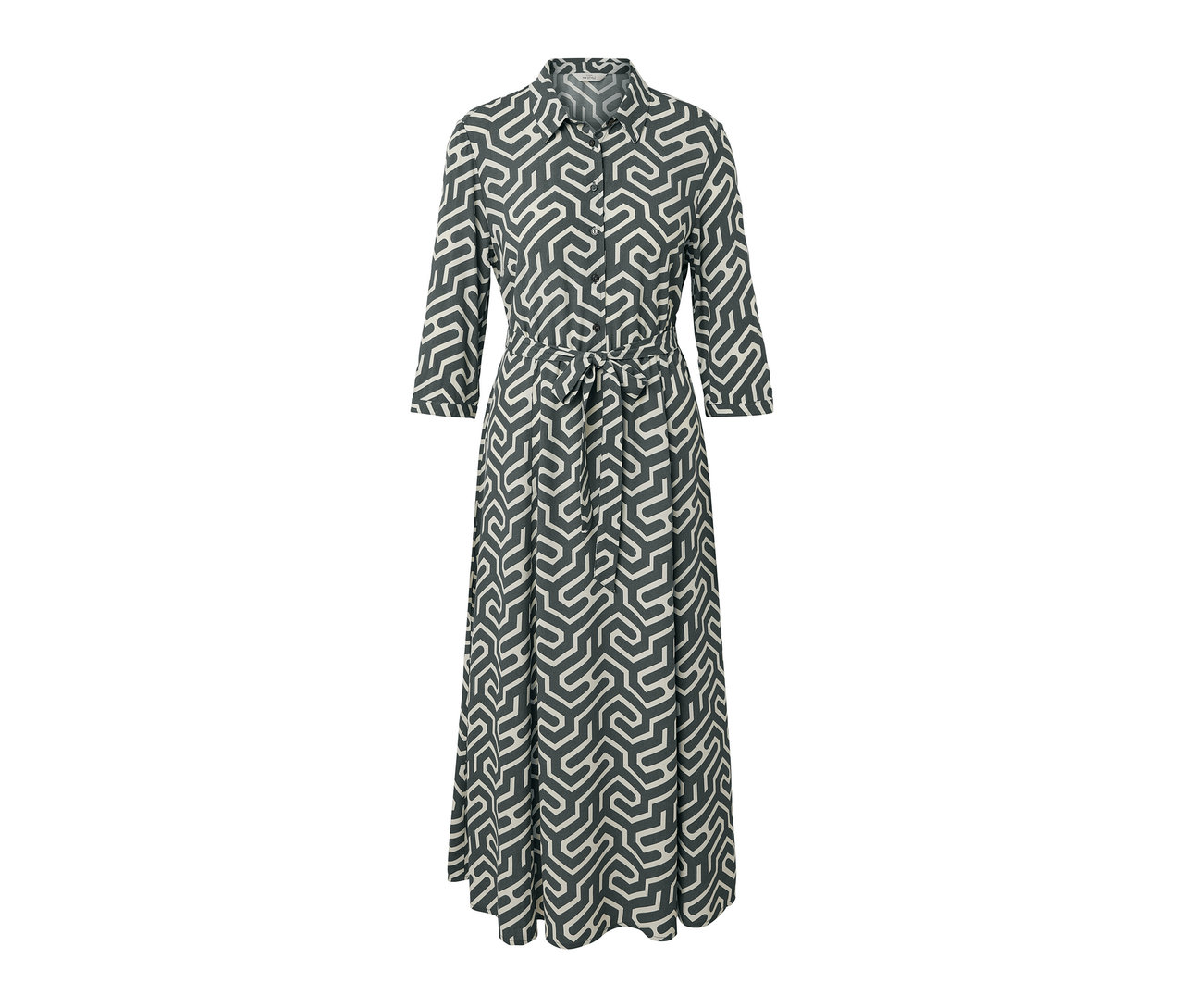 Sukienka koszulowa z nadrukiem, zapinana na guziki, z rękawami trzy czwarte i paskiem.