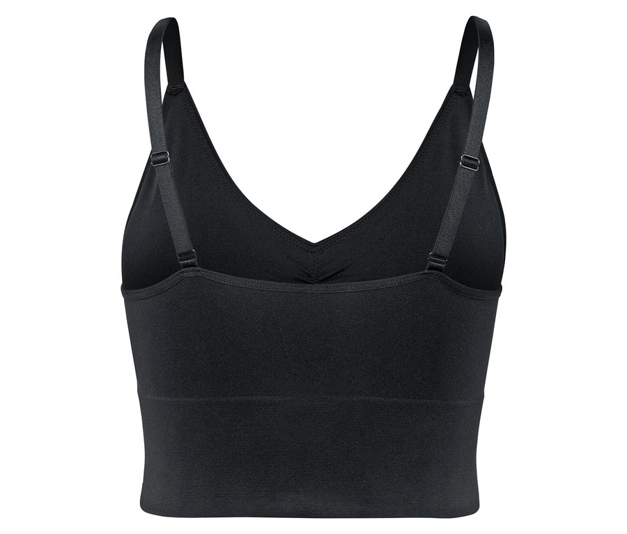 Szczegółowy widok z tyłu czarnego biustonosza sportowego z regulowanymi ramiączkami.