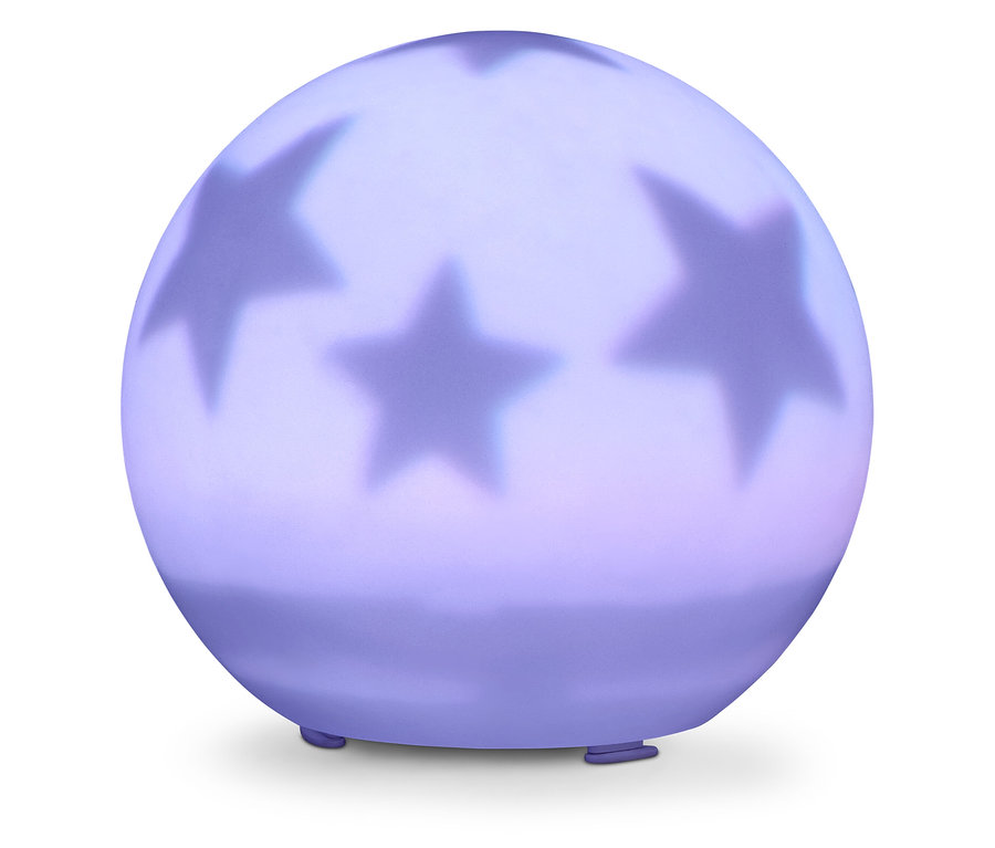 Klosz nocny w kształcie kuli z gwiazdami, stojący na małych nóżkach.