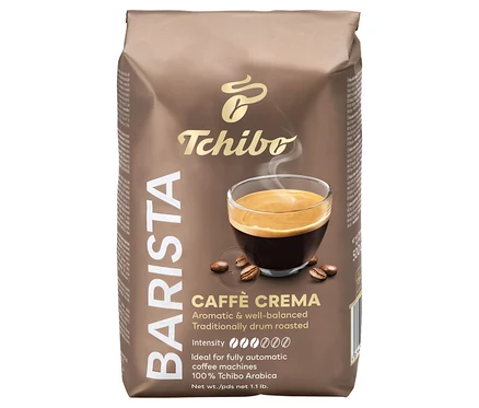 Opakowanie kawy ziarnistej Barista Caffè Crema 500 g z filiżanką kawy i ziarnami kawy.