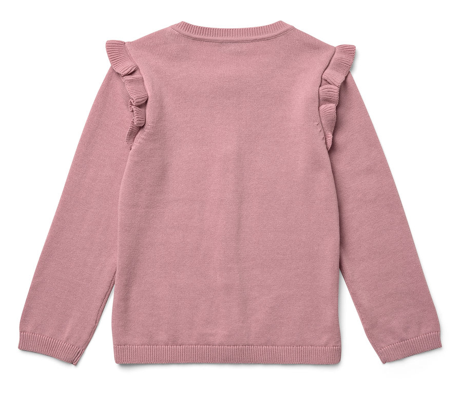 Różowy sweter z dzianiny z długimi rękawami i falbankami na ramionach, leżący na białym tle.