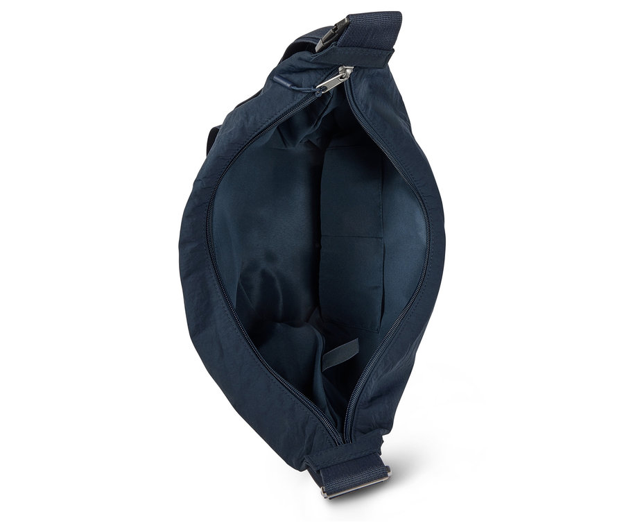 Otwarta granatowa torba na ramię, widok do wnętrza.