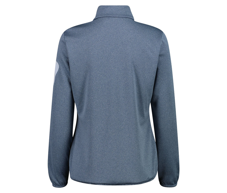 Widok z tyłu niebiesko-szarej kurtki polarowej zapinanej na zamek błyskawiczny.