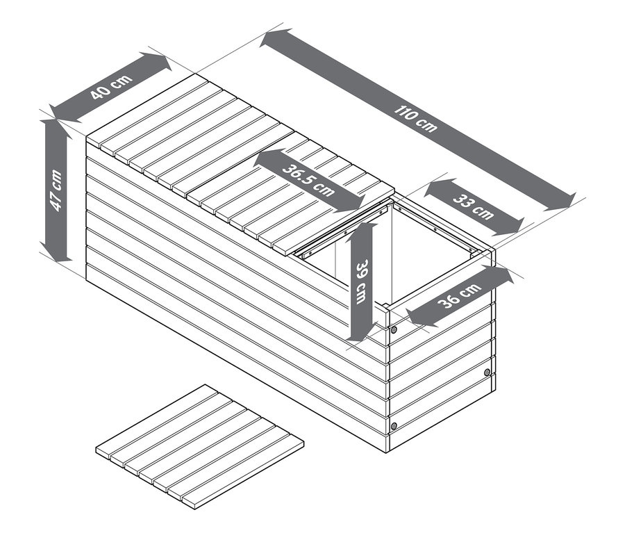 Widok z góry zmontowanej prostokątnej drewnianej skrzyni na rośliny o wymiarach 110 cm długości, 40 cm szerokości i 47 cm wysokości.
