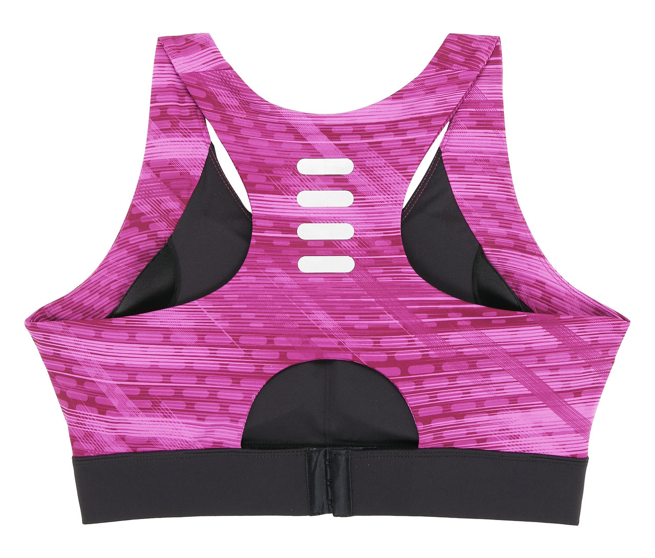 Widok z tyłu różowego biustonosza sportowego FILA dla kobiet z czarnym pasem pod biustem.