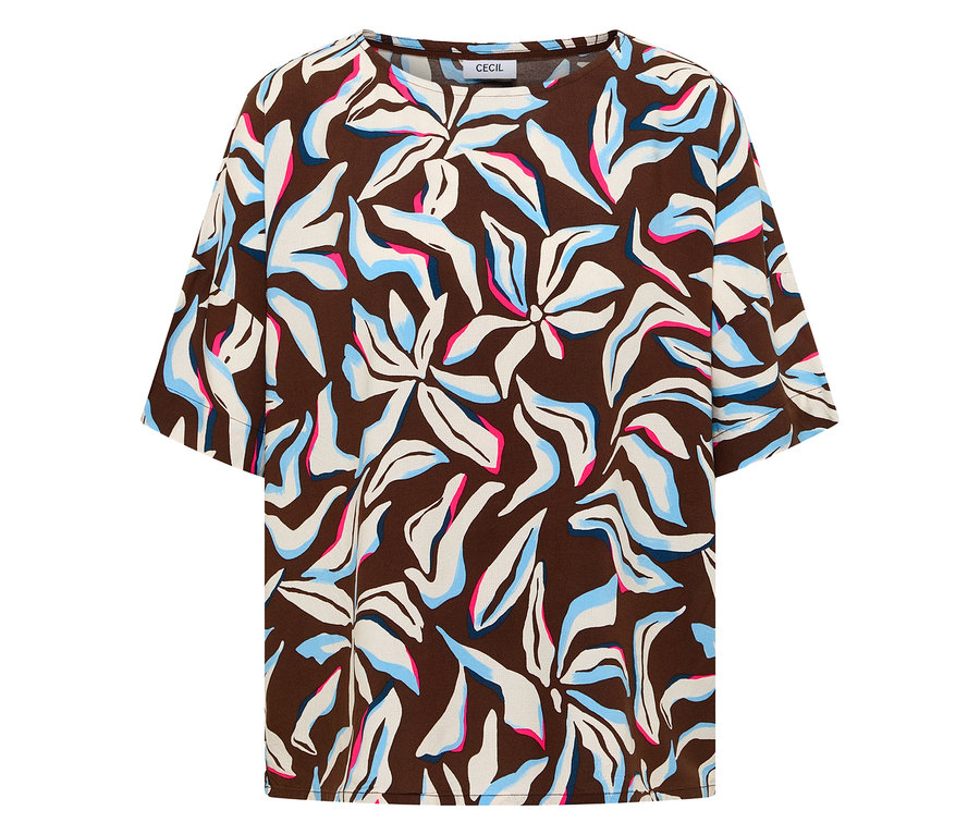 Zbliżenie na bluzkę z krótkim rękawem CECIL w kolorze brązowym z niebiesko-biało-różowym kwiatowym wzorem.