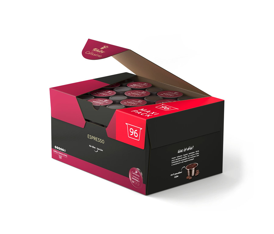 Otwarte czarno-purpurowe opakowanie Tchibo Cafissimo Espresso Intense Aroma z 96 kapsułkami kawy.