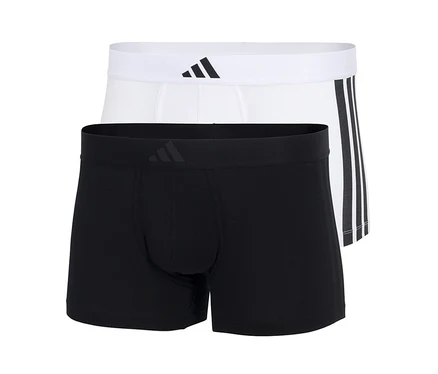 Dwie pary bokserek adidas Active Flex Cotton w kolorach czarnym i białym, czarne z przodu, białe z trzema paskami z boku.