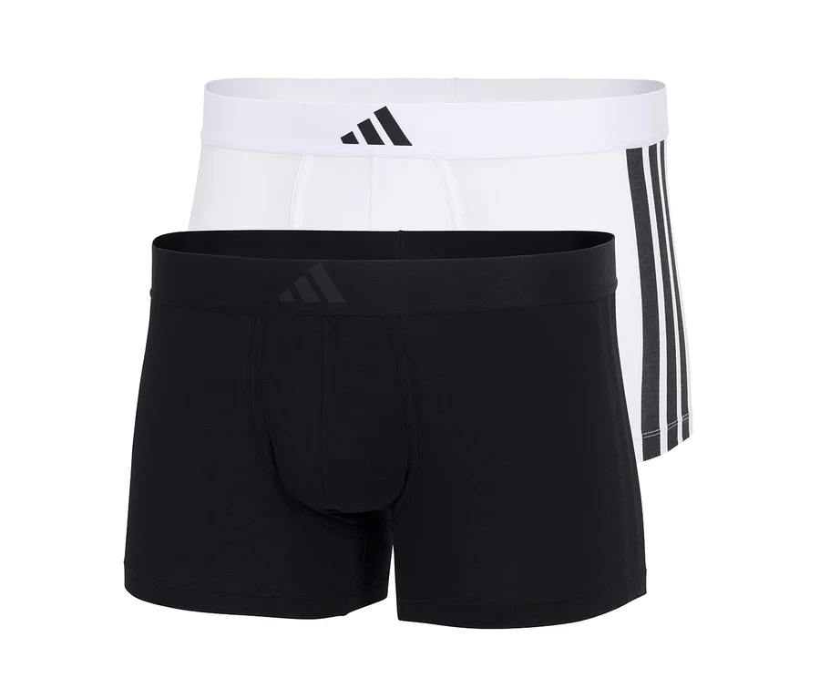 Dwie pary bokserek adidas Active Flex Cotton w kolorach czarnym i białym, czarne z przodu, białe z trzema paskami z boku.