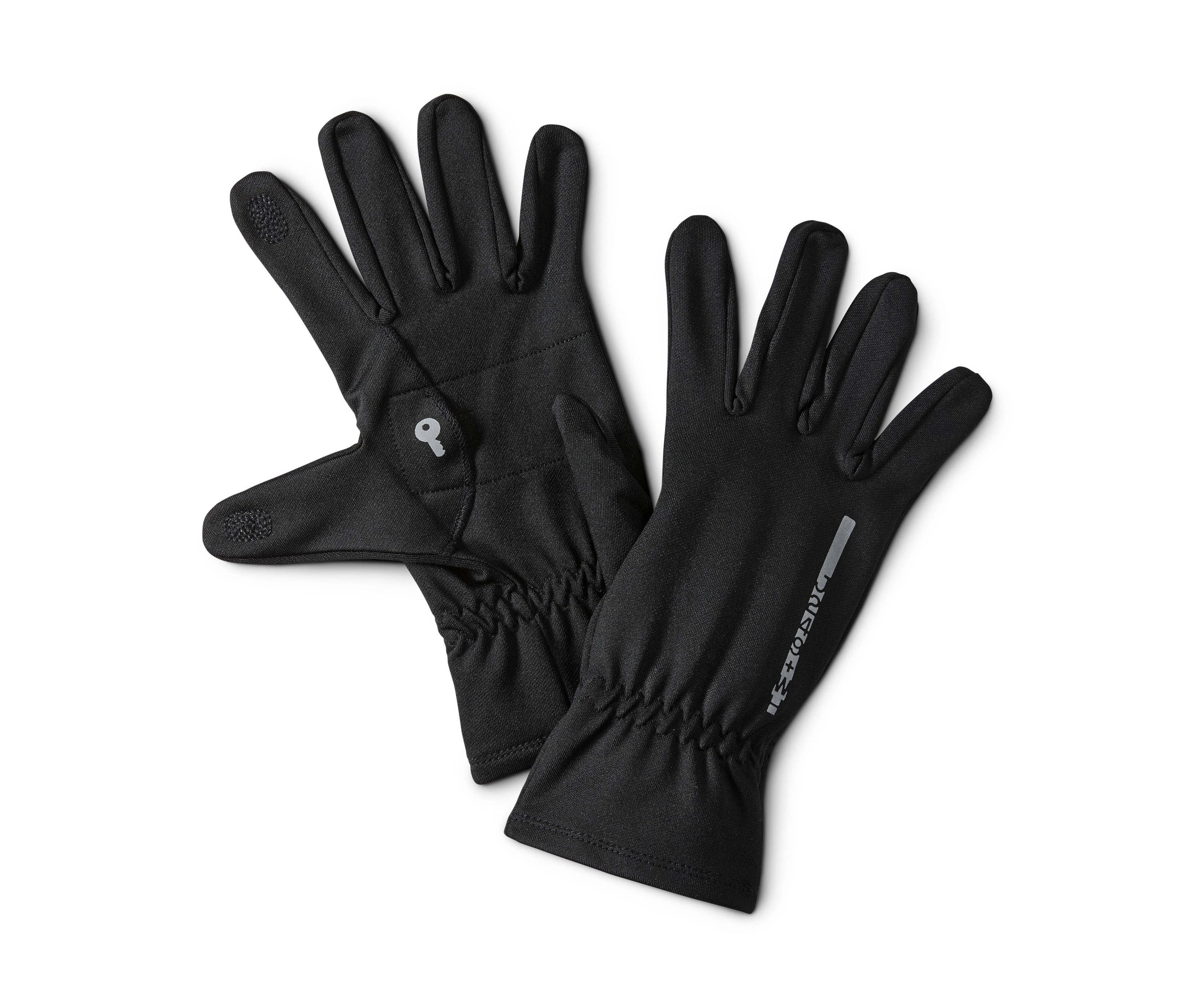 Dwie czarne rękawiczki do biegania leżą obok siebie.