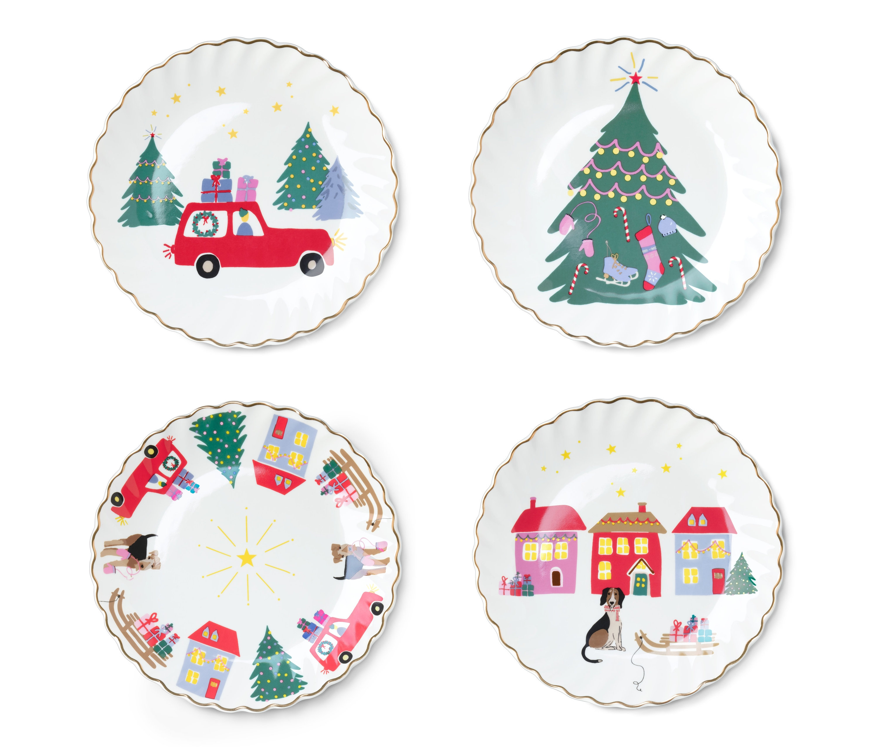 Cztery talerze deserowe z błyszczącym, złotym akcentem, każdy z innym motywem świątecznym.