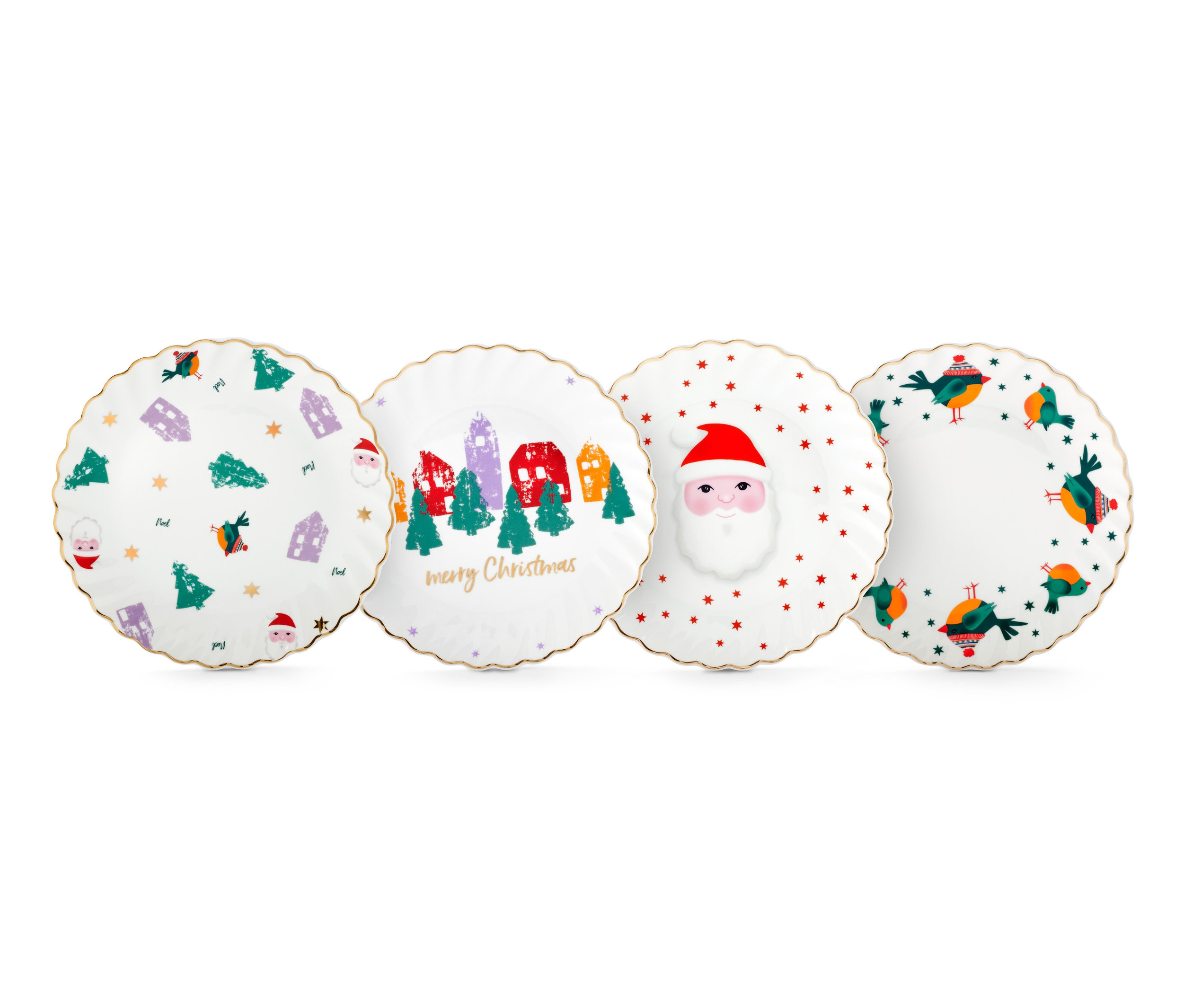 Cztery talerzyki deserowe ze złotym zdobieniem.