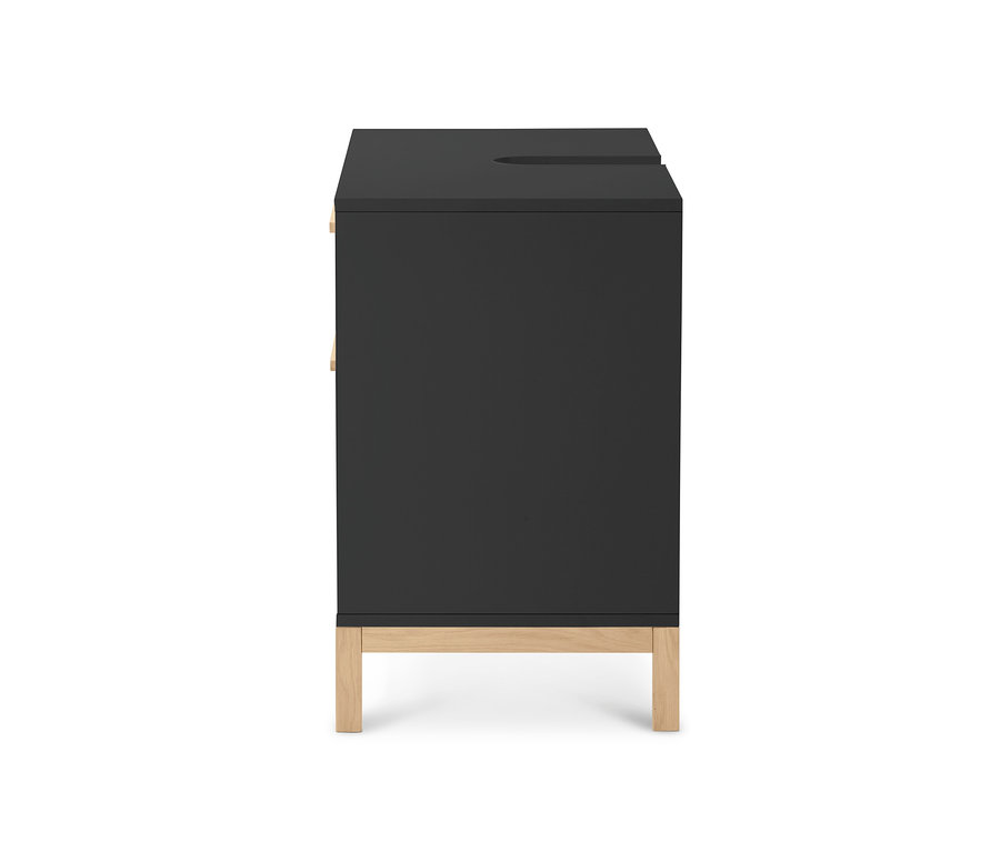 Widok z boku czarnej szafki pod umywalkę »Eklund« z 2 szufladami.