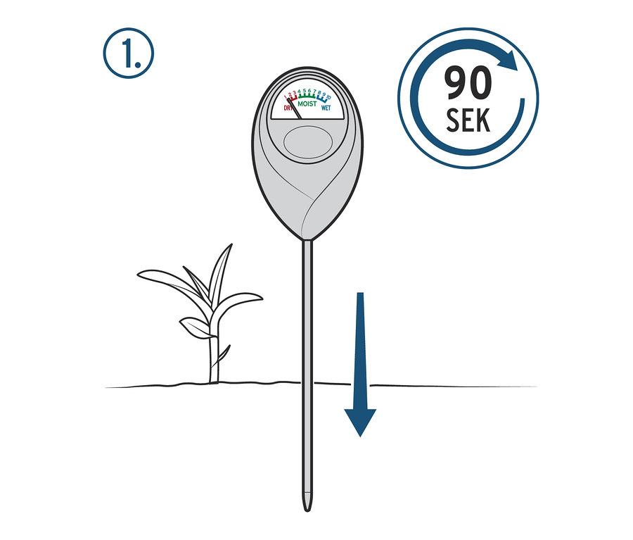 Rysunek miernika wilgotności wbitego w ziemię obok rośliny.