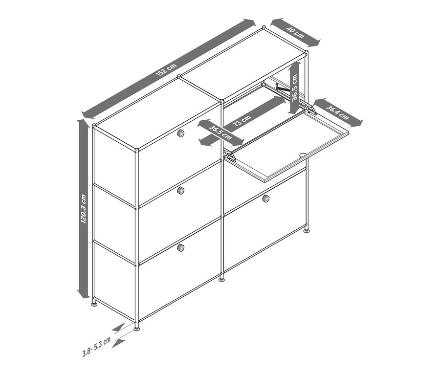 Schemat metalowej komody »CN3« z 6 komorami z klapami, dużej, z wymiarami.