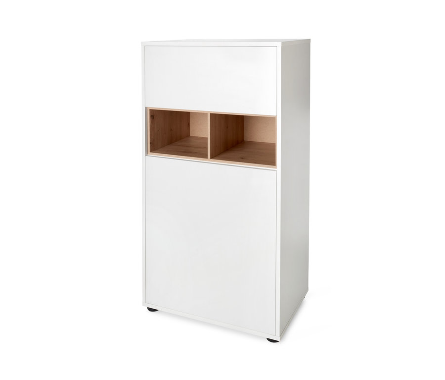 Biała szafka typu highboard z detalami z dekoru dębowego.