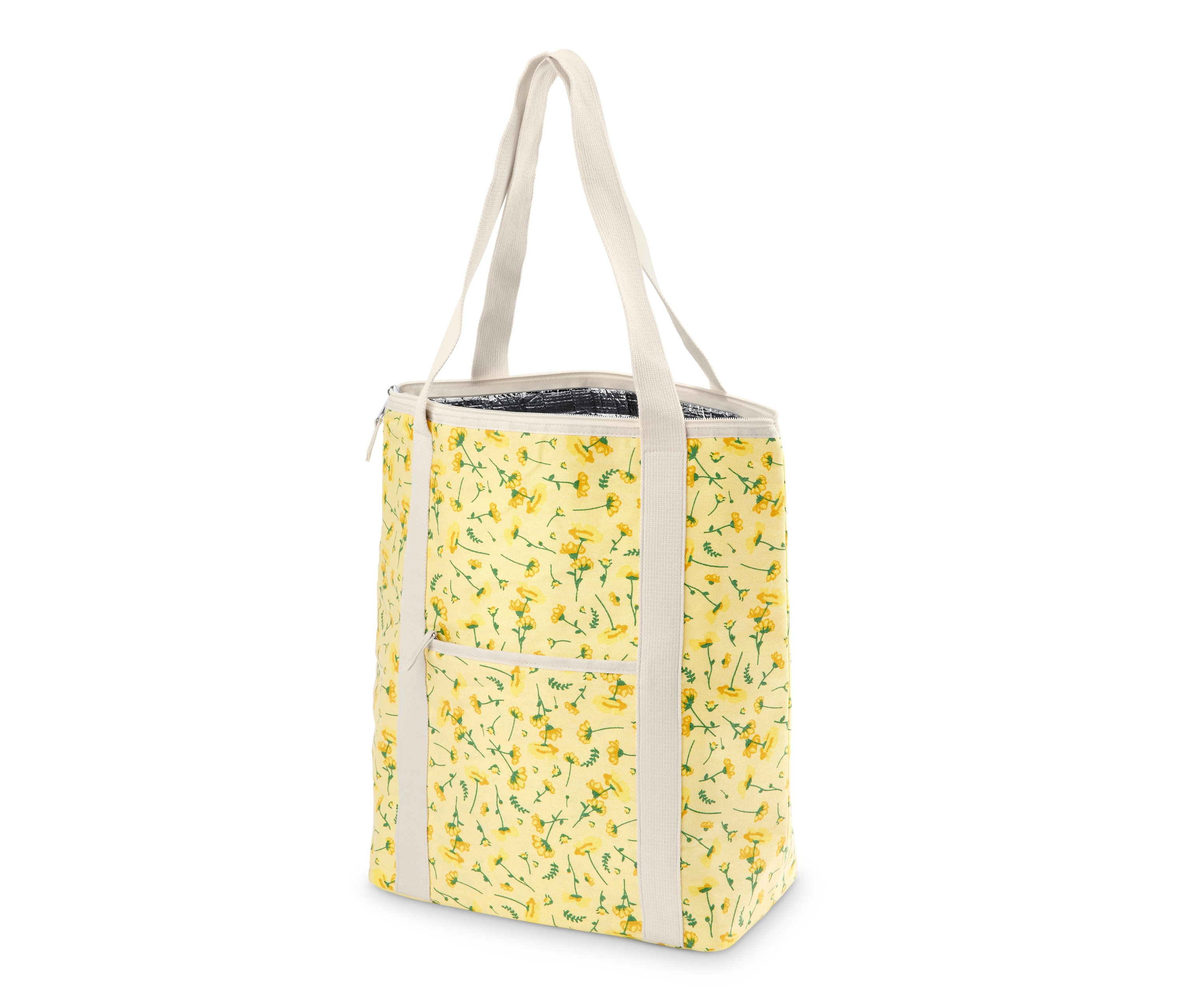 Żółta torba termoizolacyjna w kwiatowy wzór z białymi uchwytami.