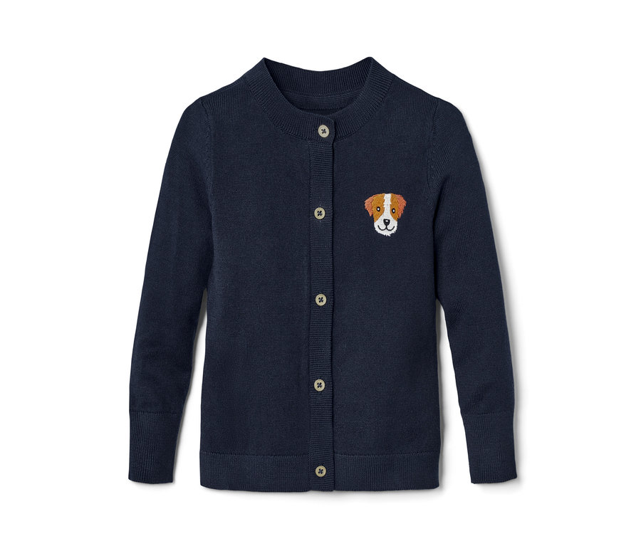 Granatowy sweterek dziecięcy z haftem psiej głowy i guzikami.