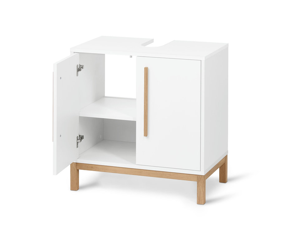 Biała szafka pod umywalkę »Eklund« z otwartymi drzwiami, ukazującymi półkę.