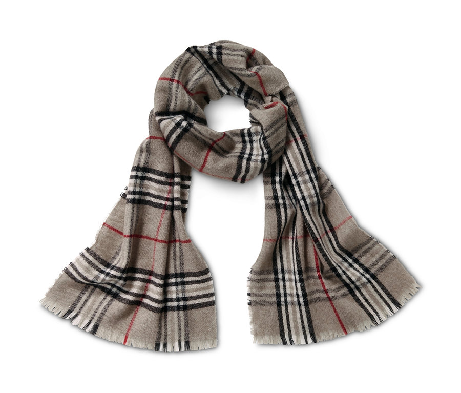 Szal kaszmirowy w kratę w kolorze beżowym, czarnym, białym i czerwonym.