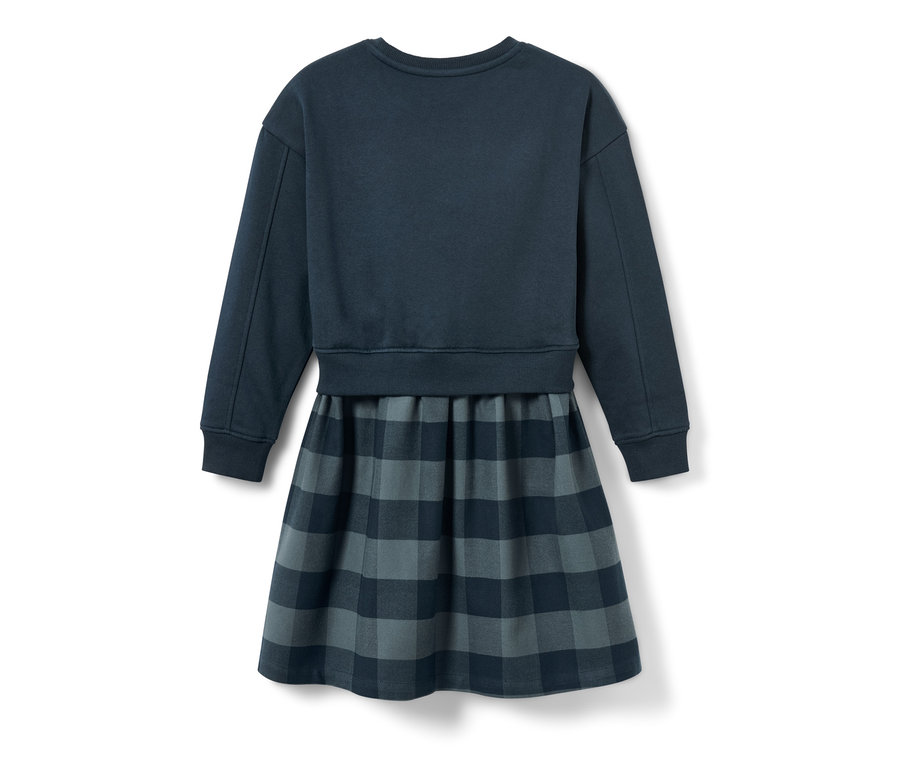 Sukienka dresowa z granatową górą i szarą spódnicą w kratę.