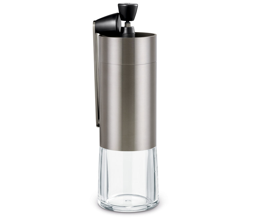 Srebrny, ręczny młynek do kawy.