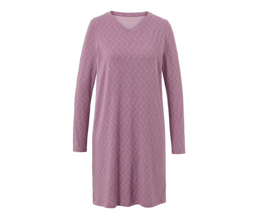 Fioletowa koszula nocna z długimi rękawami i wzorem liści.