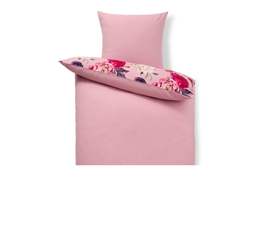 Różowa pościel z flaneli, rozmiar standardowy, z kwiatowym wzorem na poduszce.