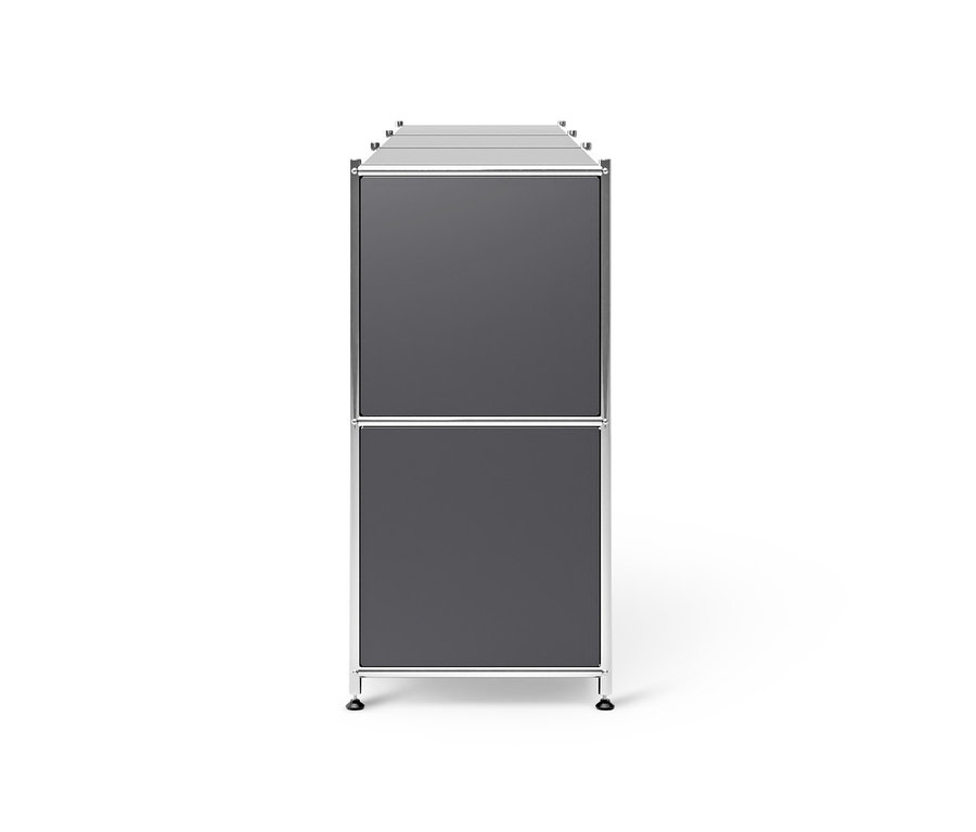 Szara metalowa szafka typu sideboard »CN3« z 3 przesuwnymi przegródkami z klapami.