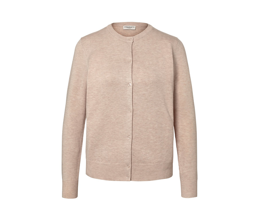 Jasnobrązowy, cienki kardigan zapinany na guziki.
