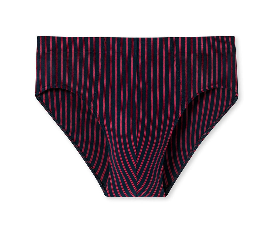 Czerwone minislipy z bawełny ekologicznej SCHIESSER w cienkie pionowe paski na białym tle.