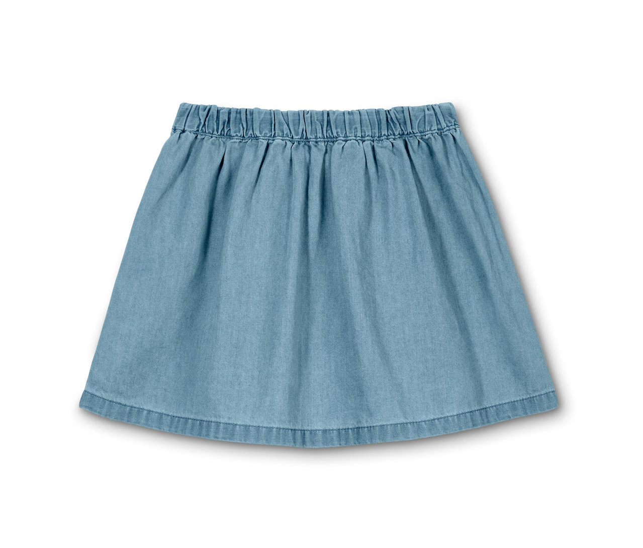 Dziecięca spódniczka dżinsowa z elastycznym pasem w talii na białym tle.