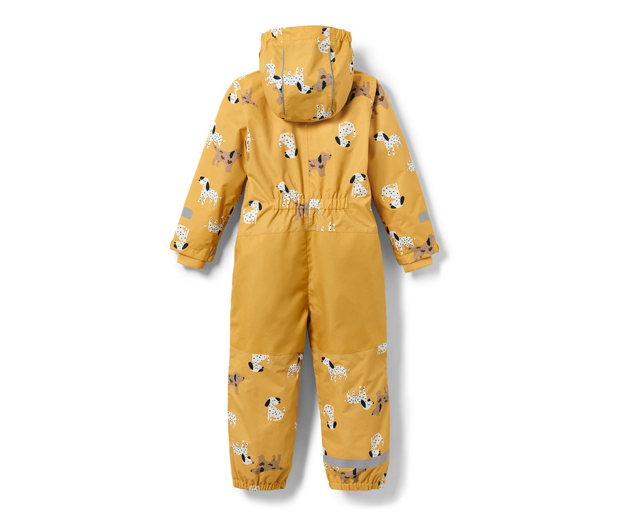 Żółty kombinezon przeciwdeszczowy z nadrukiem psów z tyłu.