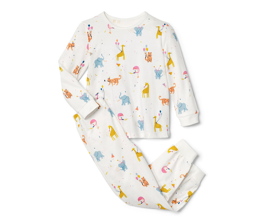 Piżama dziecięca we wzory zwierzęce, słonie, żyrafy i tygrysy z balonami i czapeczkami imprezowymi.