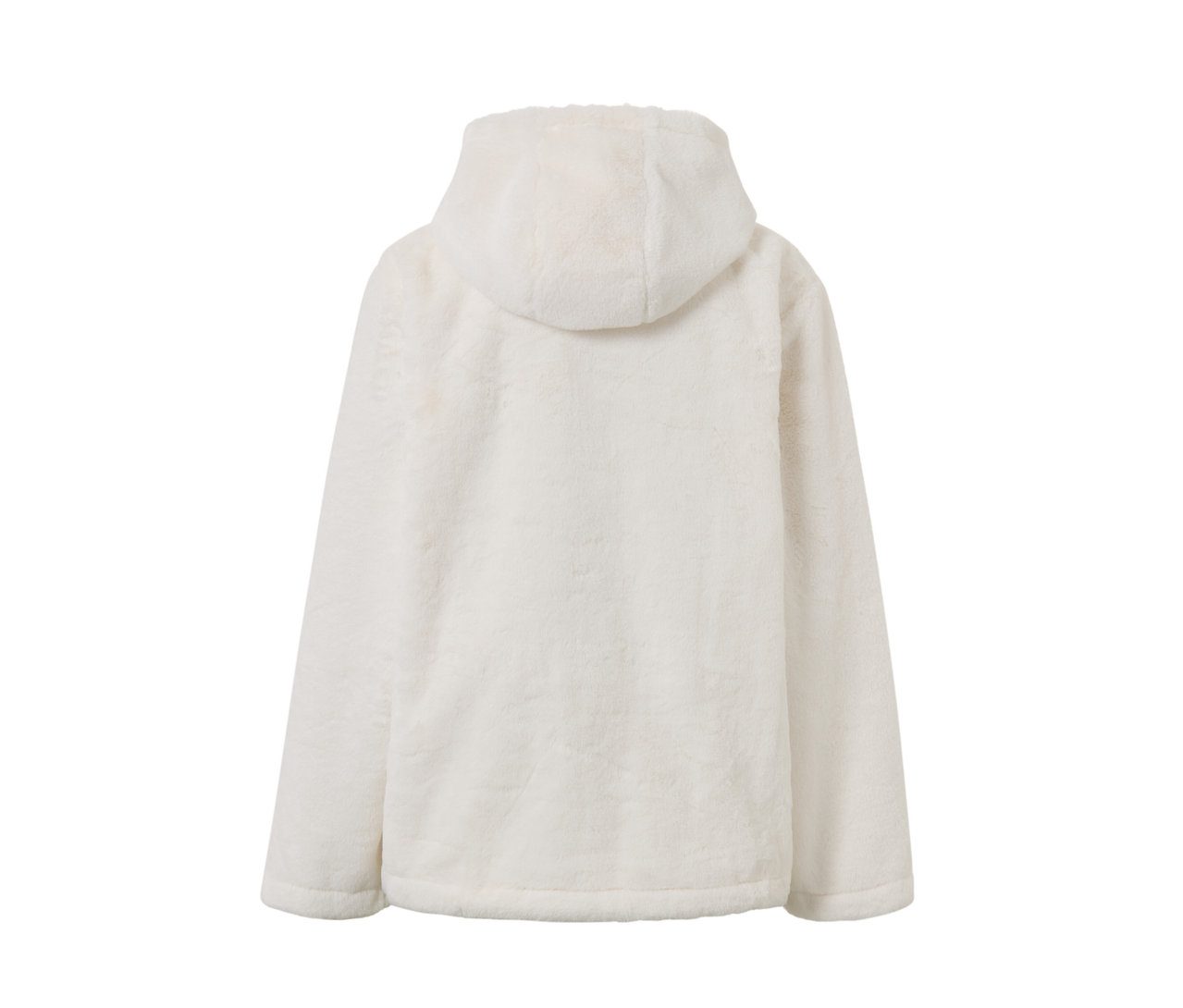 Widok z tyłu białego, ogrzewanego swetra z akumulatorem i kapturem.