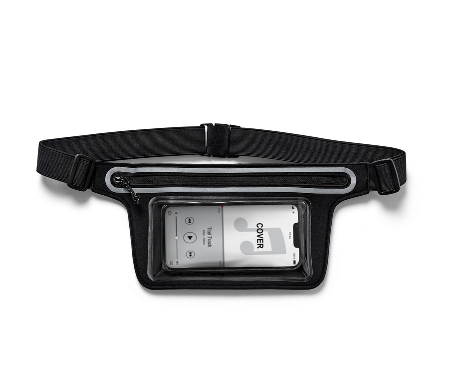 Czarny pasek do biegania na smartfon z przezroczystym etui na telefon.