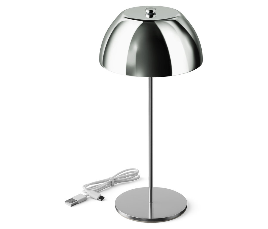 Srebrna lampa z okrągłym kloszem i kablem USB.