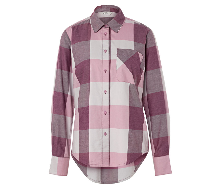 Koszula w kratę z długim rękawem w odcieniach różu i szarości.