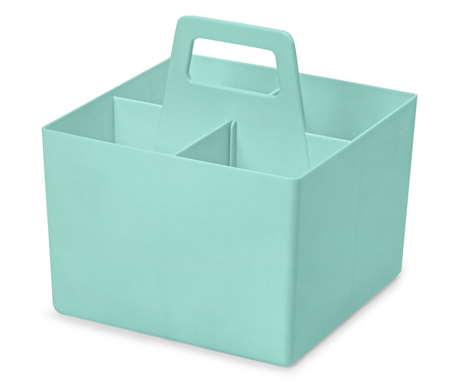 Jasnoniebieski plastikowy pojemnik do przechowywania z uchwytem i czterema przegródkami.