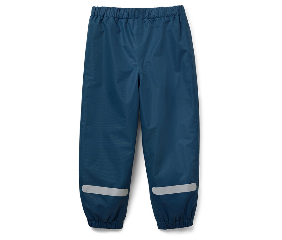 Niebieskie spodnie przeciwdeszczowe z elastycznym pasem i odblaskowymi paskami na nogawkach.