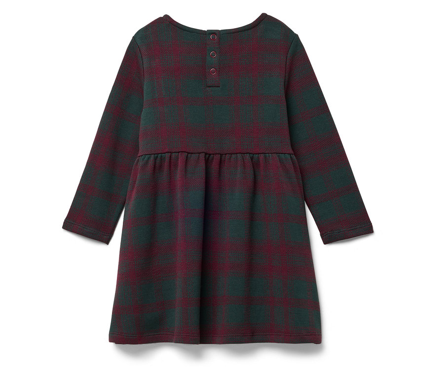 Widok z tyłu sukienki z długim rękawem w kratę w odcieniach zieleni i czerwieni.