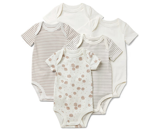 Pięć body z krótkim rękawem dla niemowląt: dwa białe, dwa w brązowe paski i jedno w brązowe kwiatowe wzory.
