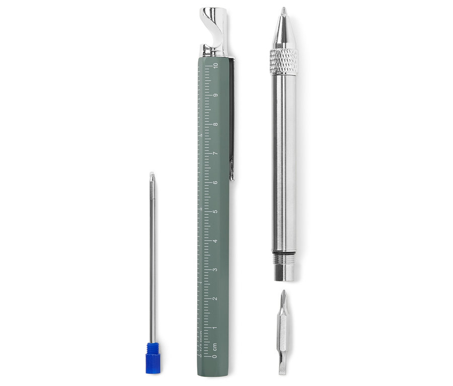 Rozłożony długopis wielofunkcyjny z nasadkami.