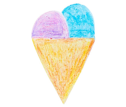 Rysunek wafelka z dwoma gałkami lodów, narysowany kredkami świecowymi konfetti, 6 sztuk.