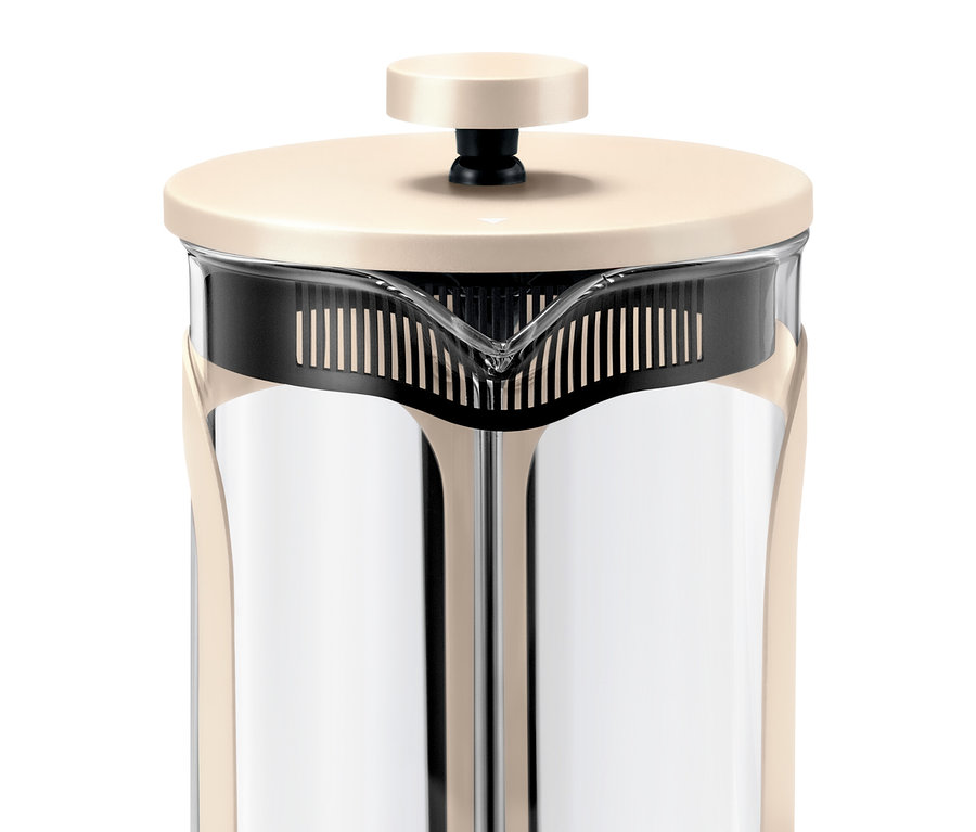 Szczegółowy widok beżowego zaparzacza tłokowego na 6 filiżanek.