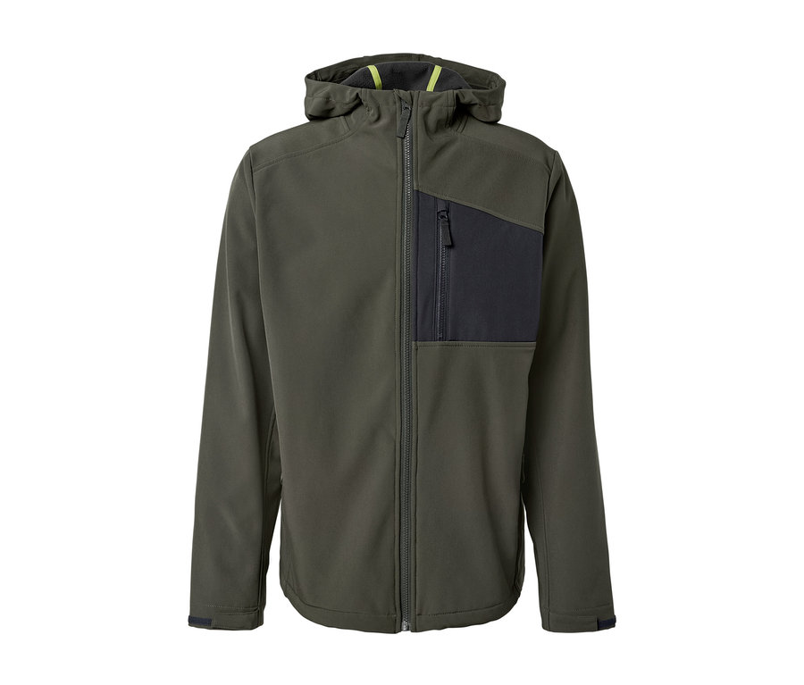 Zielona kurtka softshellowa z zamkiem błyskawicznym i kapturem.