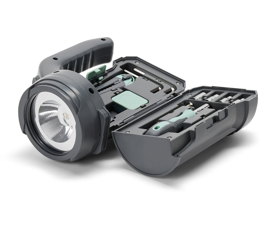 Szara lampa LED 17 w 1 z otwartym pojemnikiem na śrubokręty.