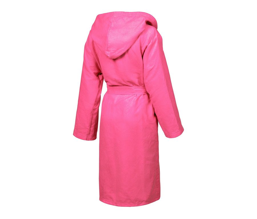Widok z tyłu na dziecięcy szlafrok z mikrofibry arena Zeal, różowy, z kapturem i paskiem.