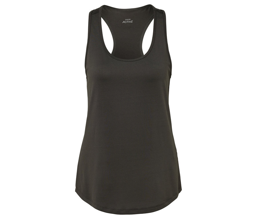 Ciemnoszara koszulka sportowa na ramiączkach.