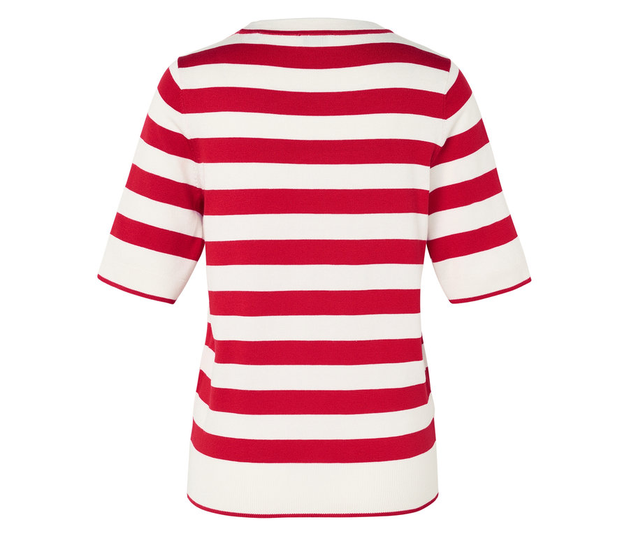 Widok z tyłu damskiej koszulki w czerwono-białe paski.